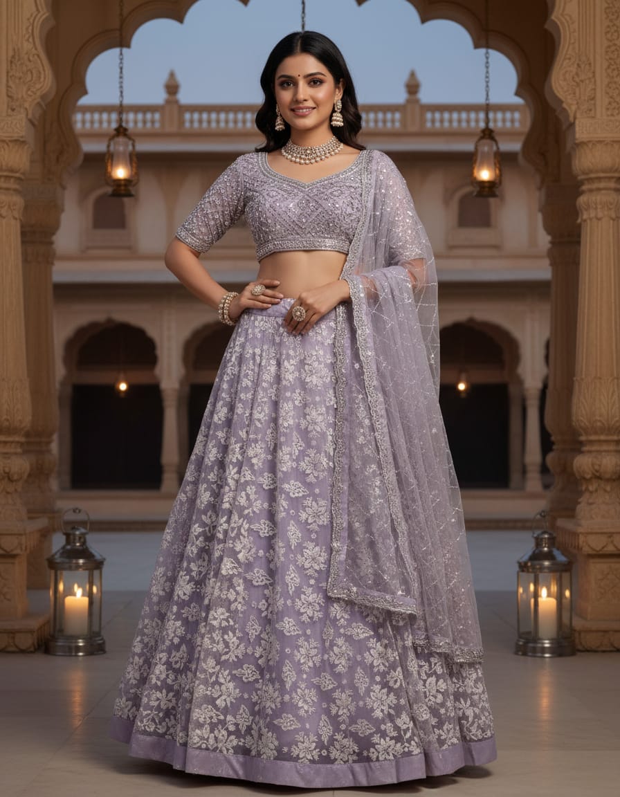 Lavender Chinon 4 Piece Lehenga Set with Crop Top, Embellished Jacket & Dupatta
