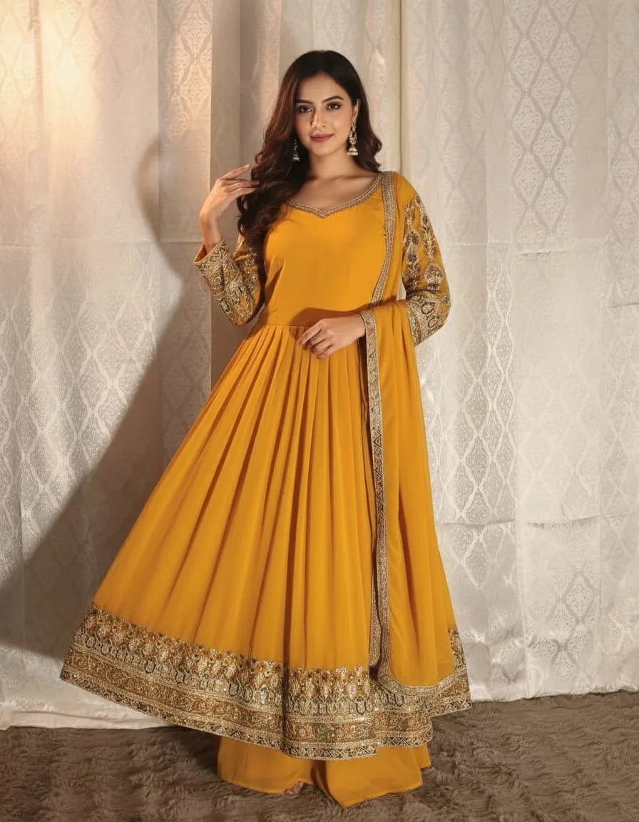 Yellow Crape 3-Piece Plazo Suit for Women